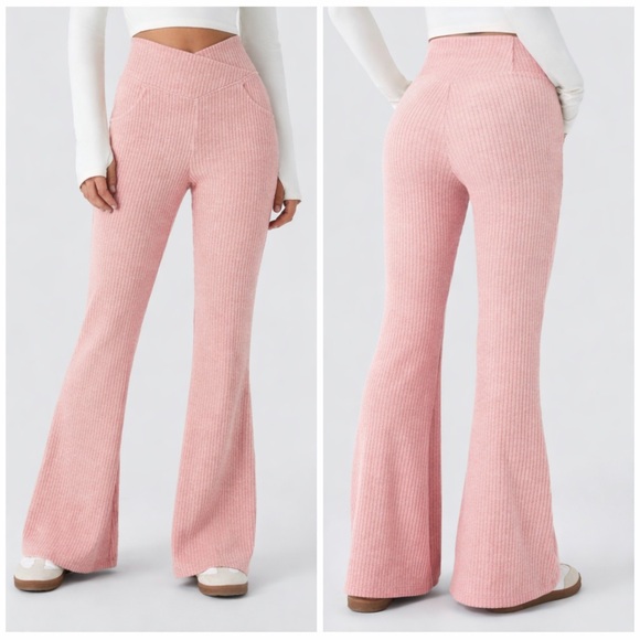 Halara Ribbed Knit High Waisted Crossover Flare Pants Tummy Control NWT - Picture 4 of 15